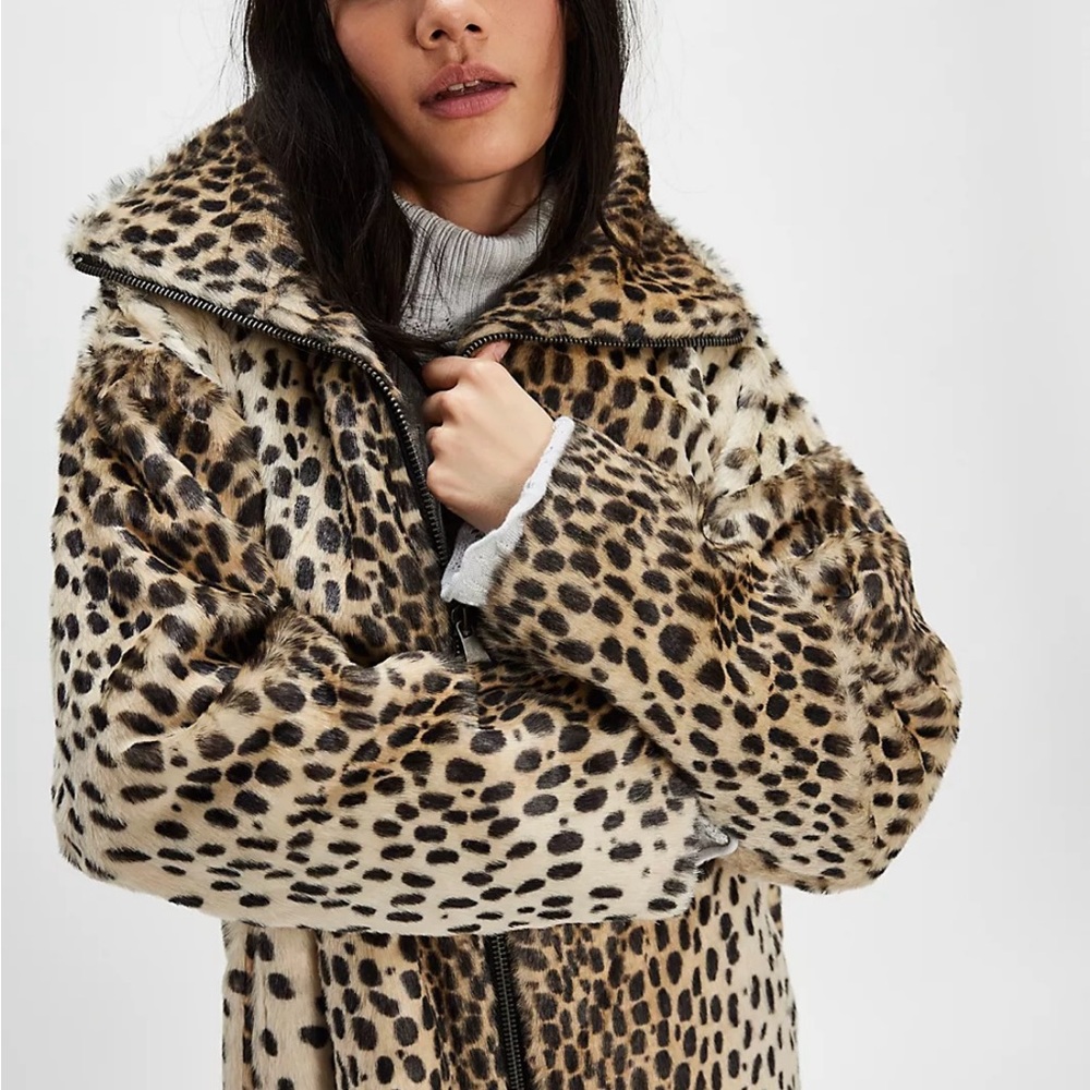 Free People Lana Leopard Print Faux Fur Jacket NWT XL